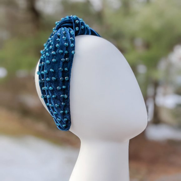 Deep Teal Beaded Knot Velvet Headband Teal Faceted Beads Handmade Knotted Winter